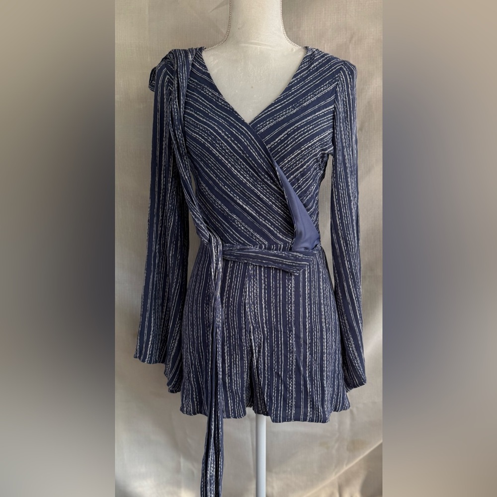 Striped Blue Wrap Romper Euc - image 5